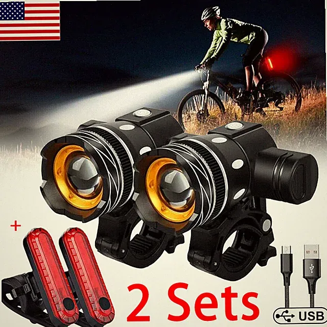 2 Sets USB Rechargeable LED Bicycle Headlight Bike Front Rear Lamp Cycling Light