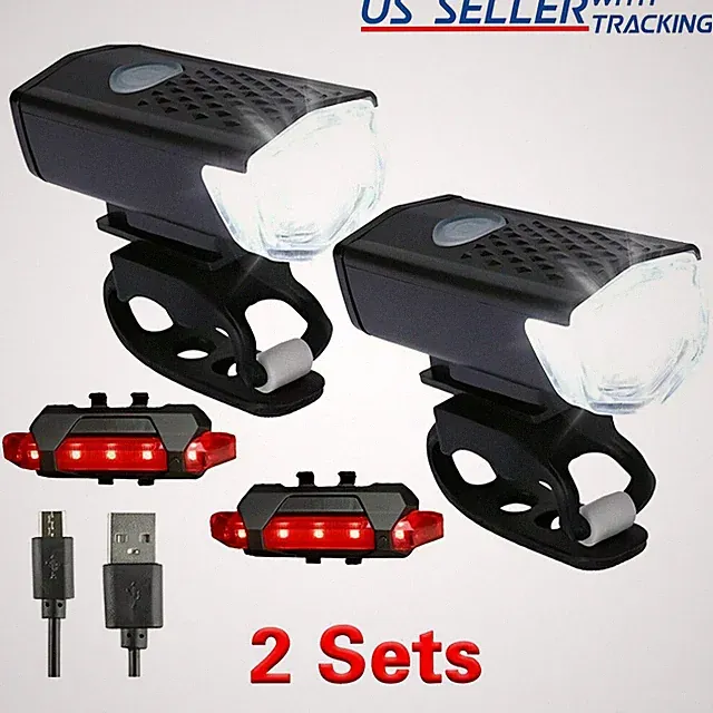 2 Sets USB Rechargeable LED Bicycle Headlight Bike Front Rear Lamp Cycling NEW