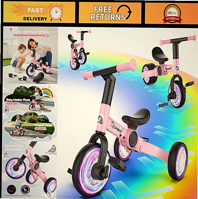 3-in-1 Toddler Balance Bike & Tricycle for Ages 1-4, Colorful Lights, Removable