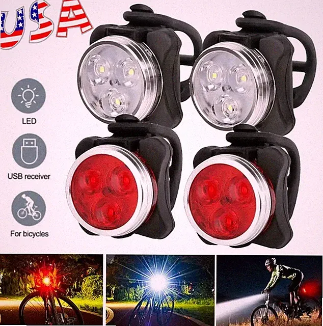 4xUSB Rechargeable LED Bike Lights Set Headlight Taillight Caution Bicycle Light
