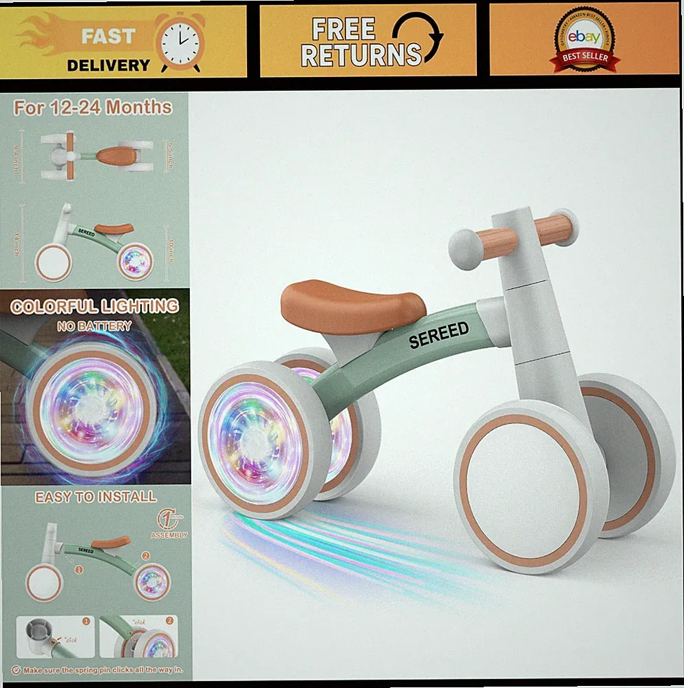 Colorful Lighting Toddler Balance Bike for 1-2 Year Olds, 4 Silent Wheels, Gift