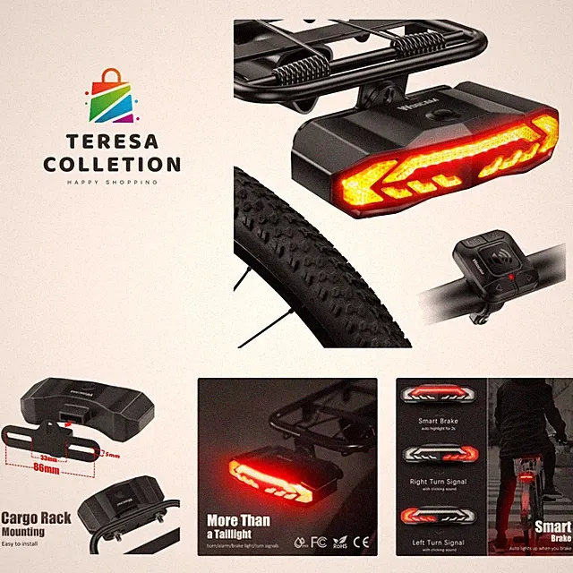 Smart Bike Tail Light for Cargo Rack with Turn Signals and Brake Light, Auto...