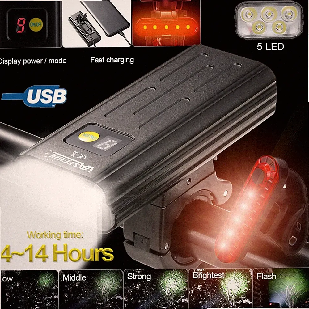 Ultra-Bright LED Bike Front Light 5 Modes USB Rechargeable Head&Tail Light Set